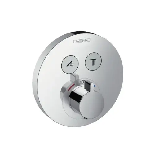 Chromfarbener Thermostat-Armatur von Hansgrohe zur Steuerung von zwei Wasserquellen mit Temperatur- und Funktionsregler. Schneider Menüfeld für Dusch- und Brausefunktionen.